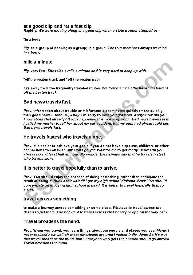 travel idioms worksheet