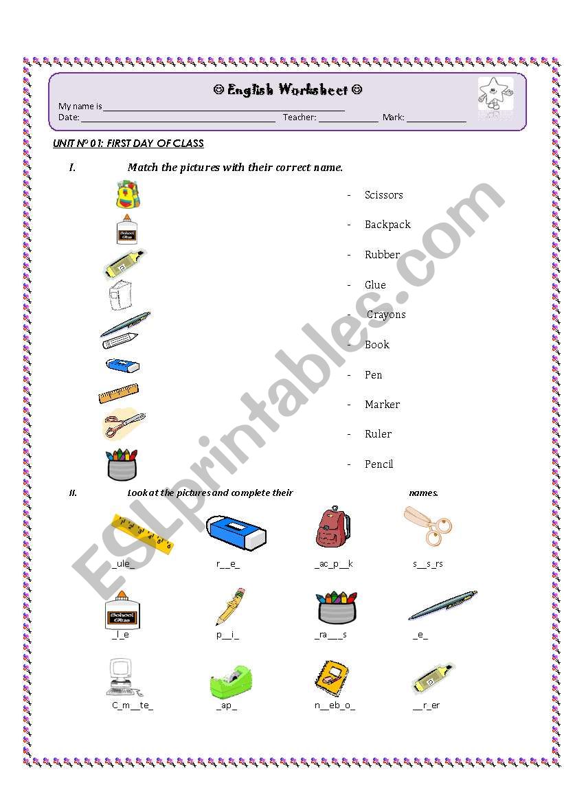 SCHOOL OBJECTS worksheet