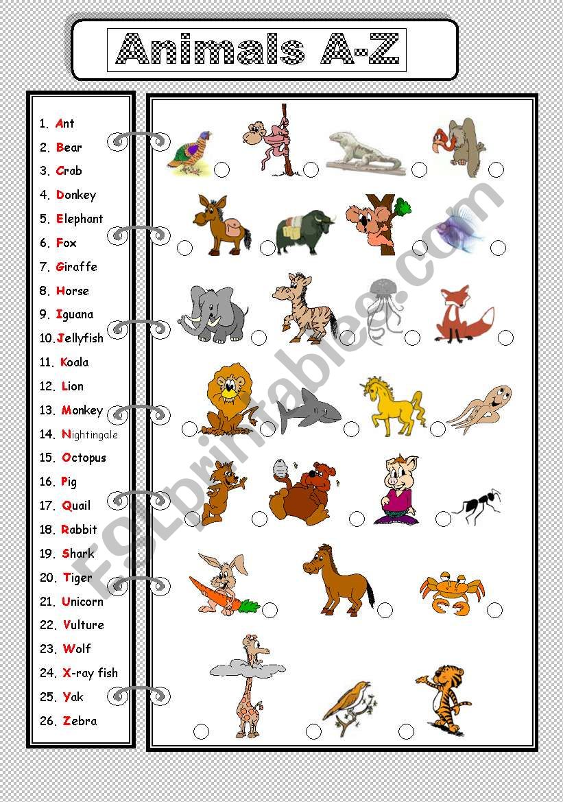 Animals A-Z - ESL worksheet by jwld