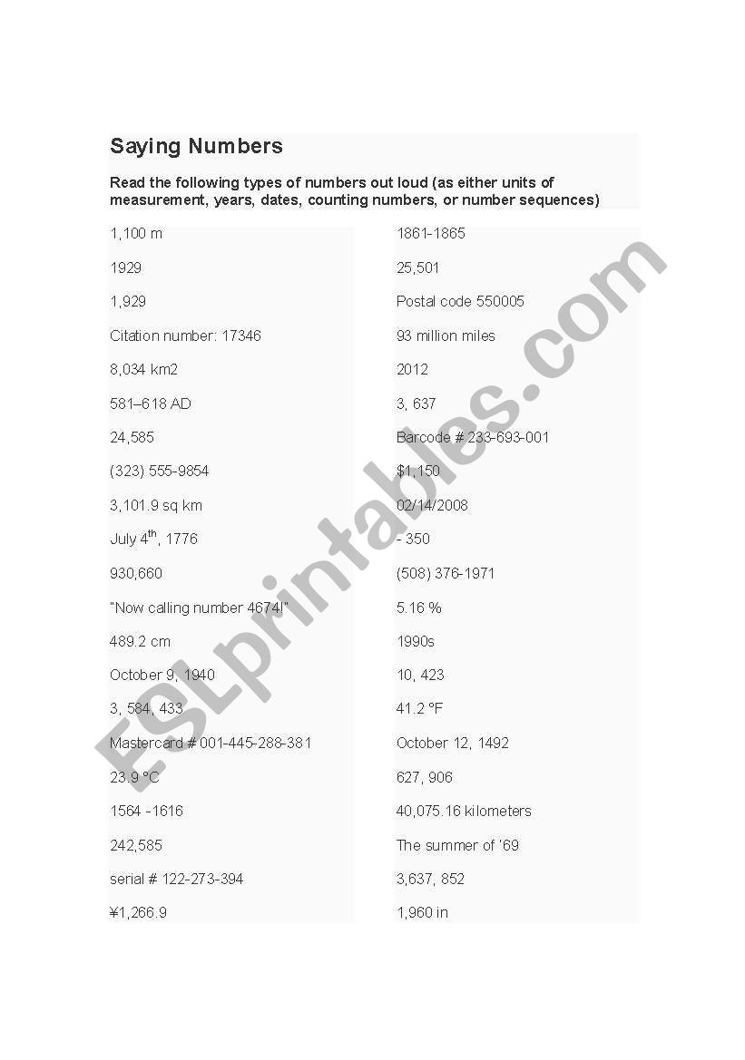 Saying Numbers worksheet