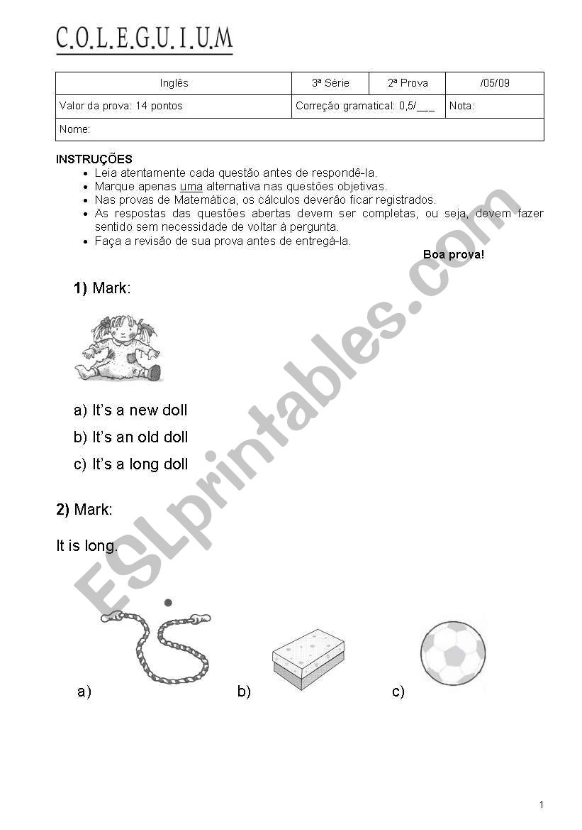 Toys test worksheet