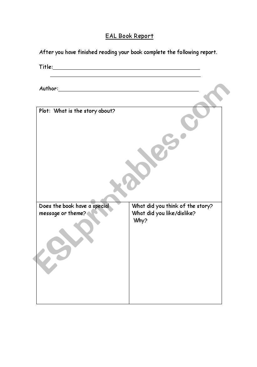 EAL Book Report worksheet