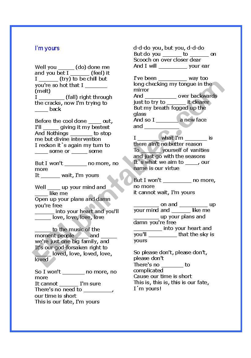 Im yours - Jason Mraz worksheet