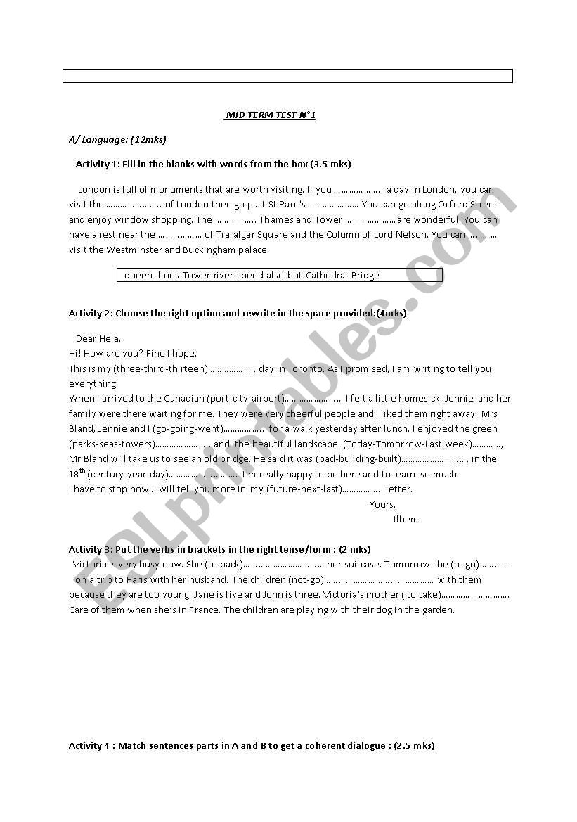 Mid Term Test n 1 worksheet