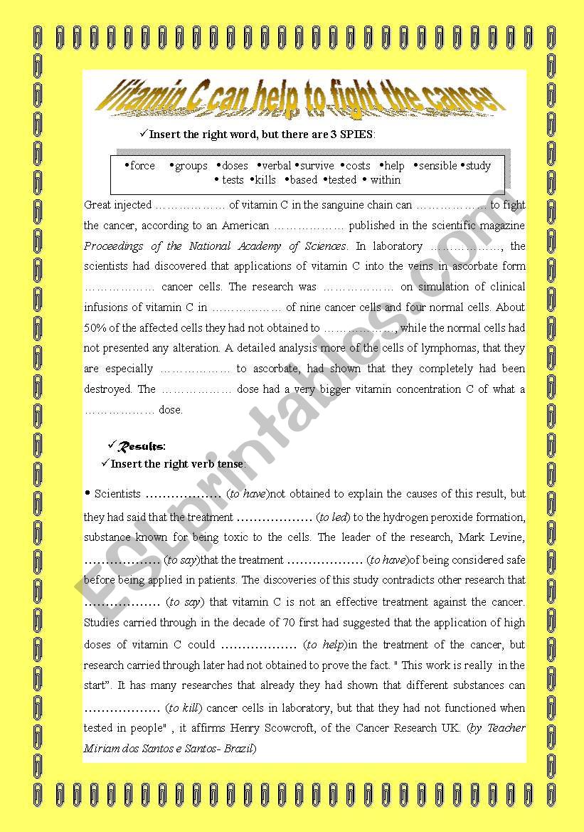 Cancer and Vitamin C worksheet