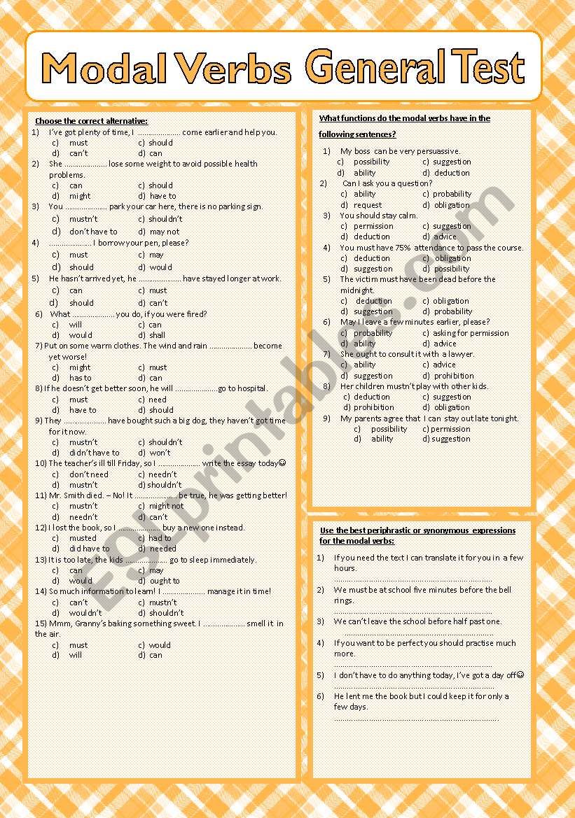 Modal Verbs General Test worksheet