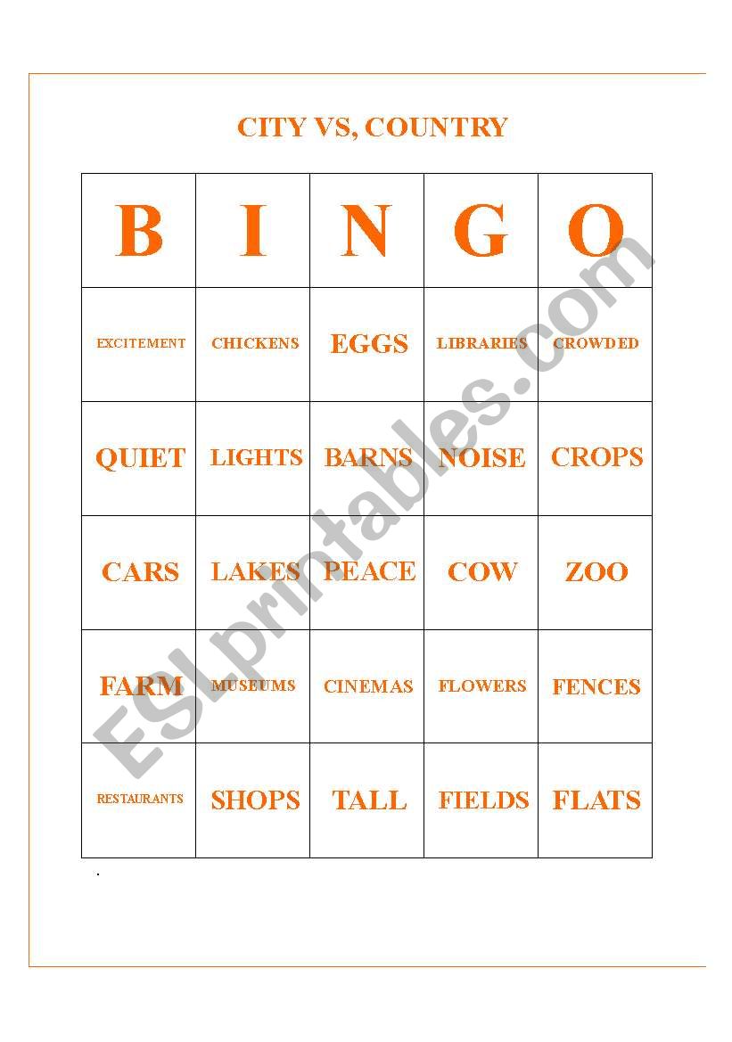 15 BINGO CARDS CITY VS. COUNTRY