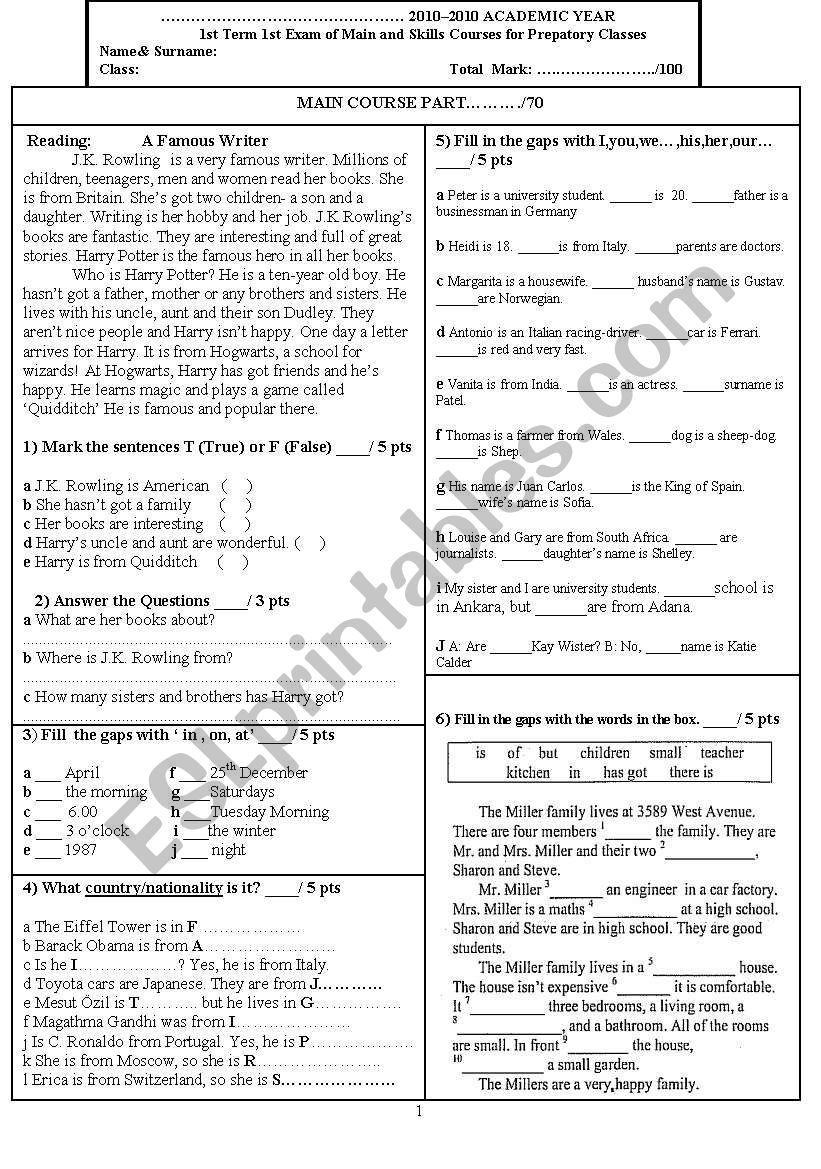 A rich exam on lots of elementary topics