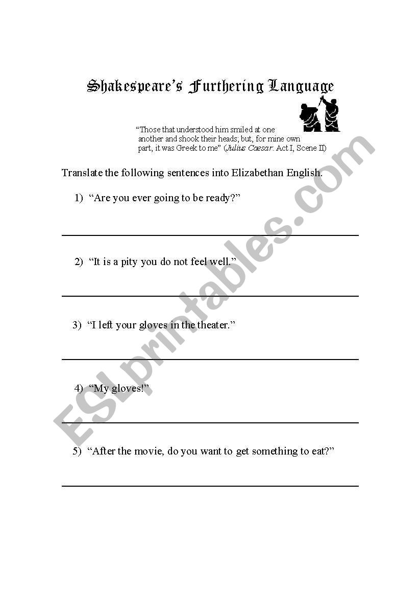 worksheet to accompany Elizabethan to Moderen english PowerPoint