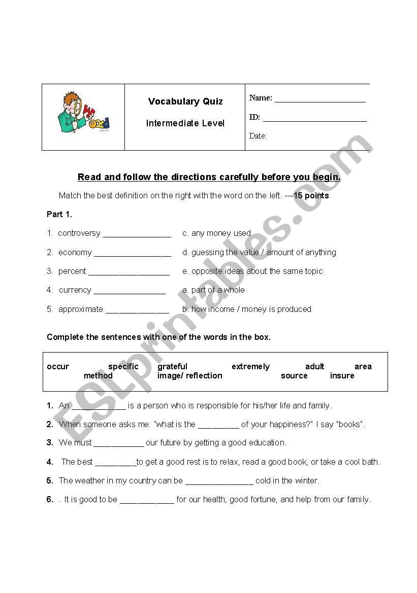 Vocabulary Test worksheet