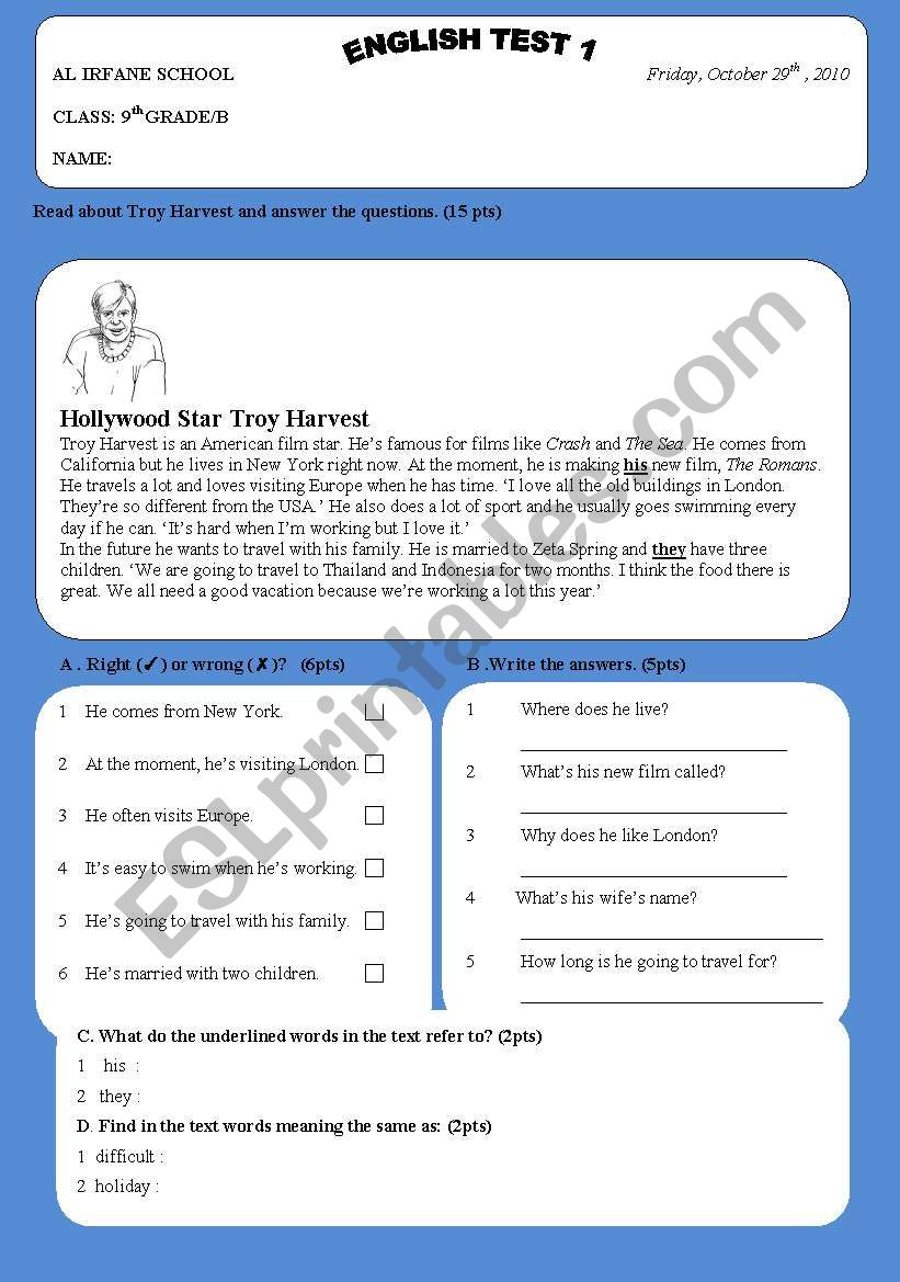 Troy Harvest-Reading Test worksheet