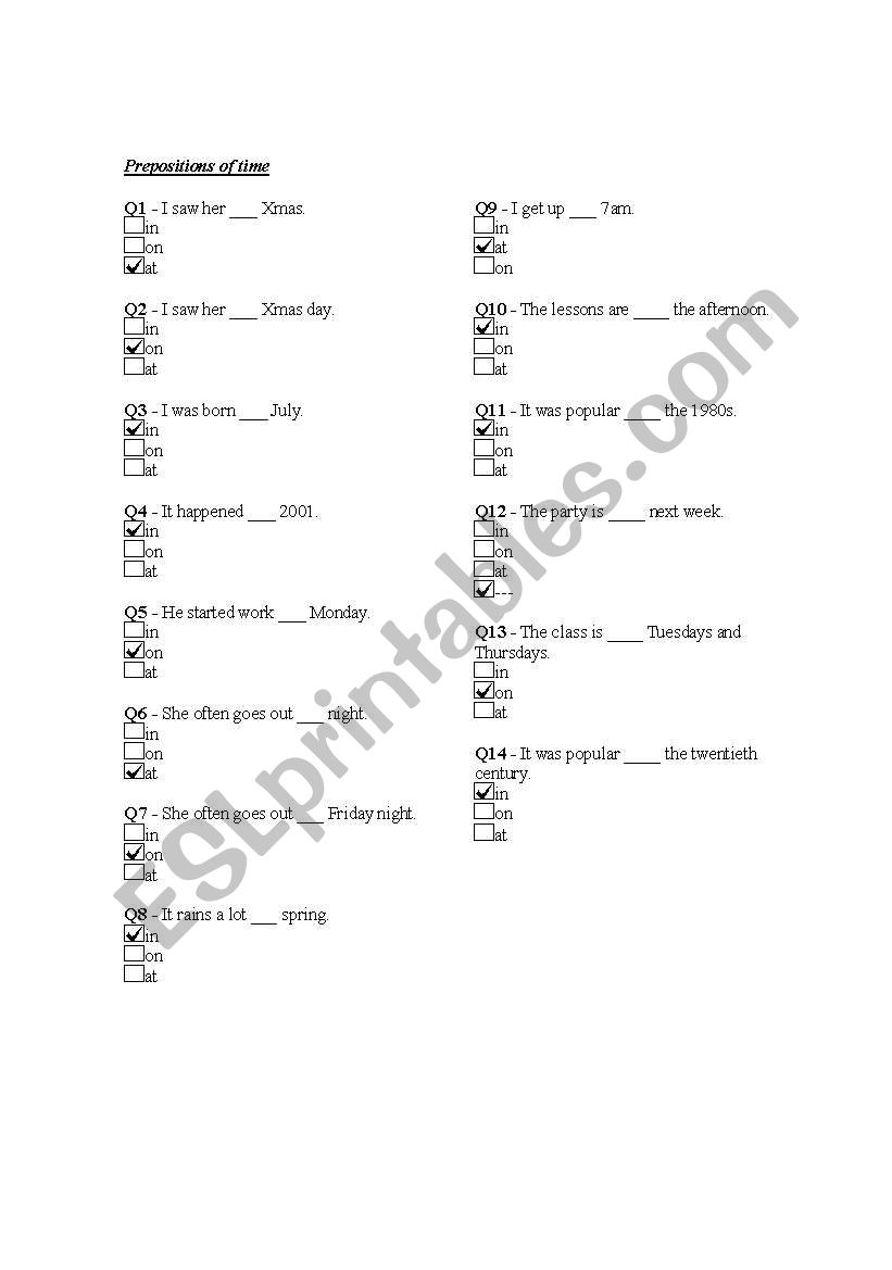 Prepositions of time worksheet