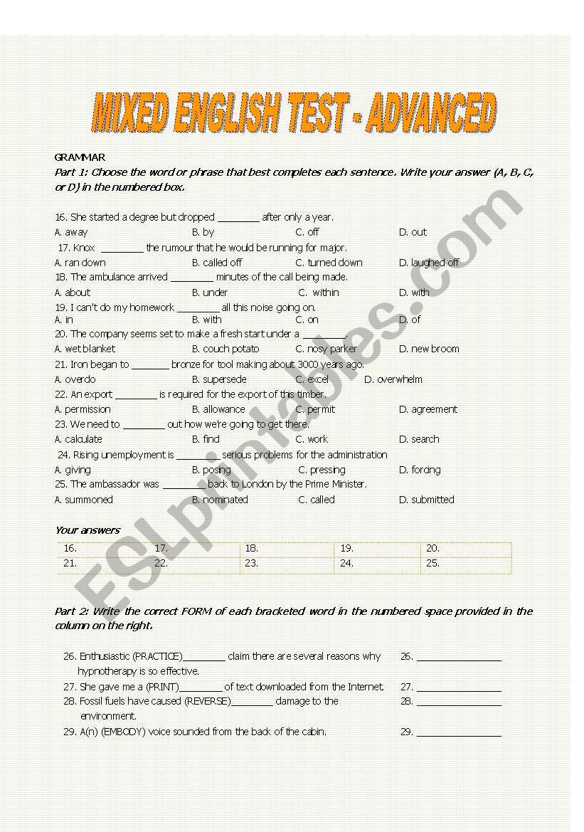 MIXED ENGLISH TEST - ADVANCED worksheet