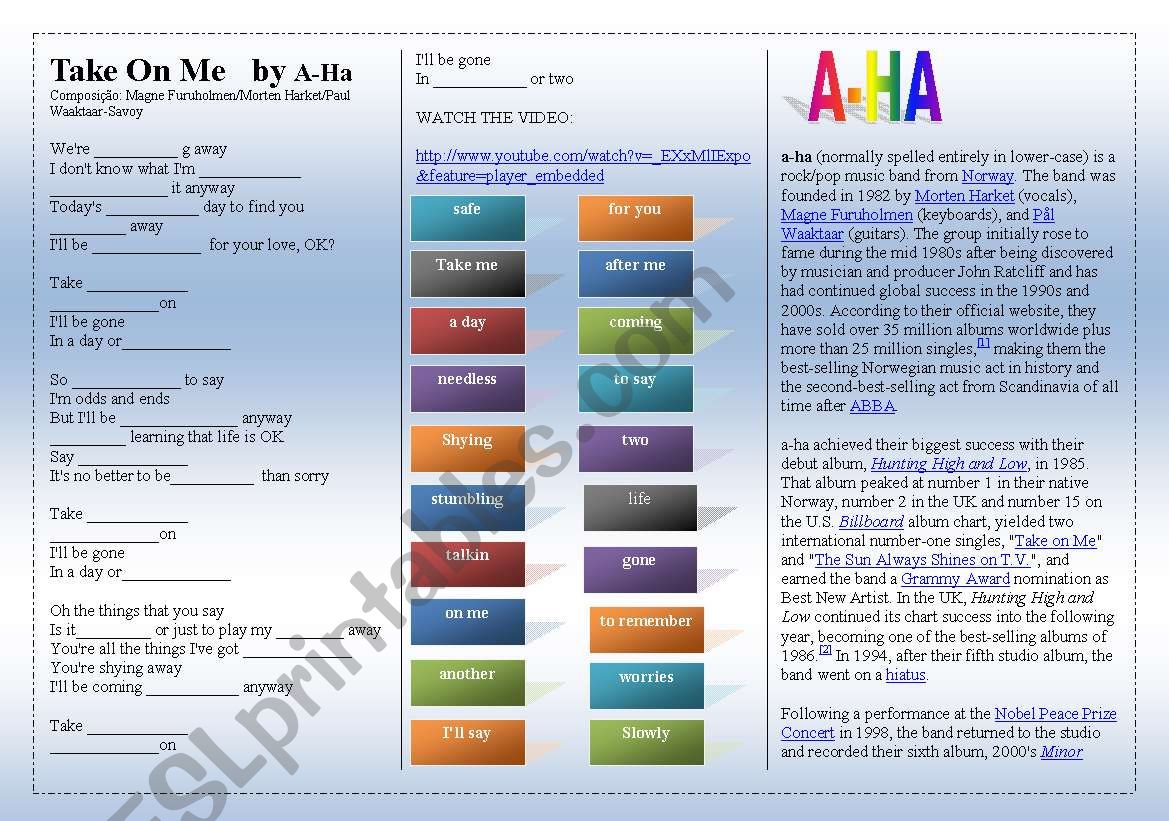 SONG: A-HA - Take On Me worksheet