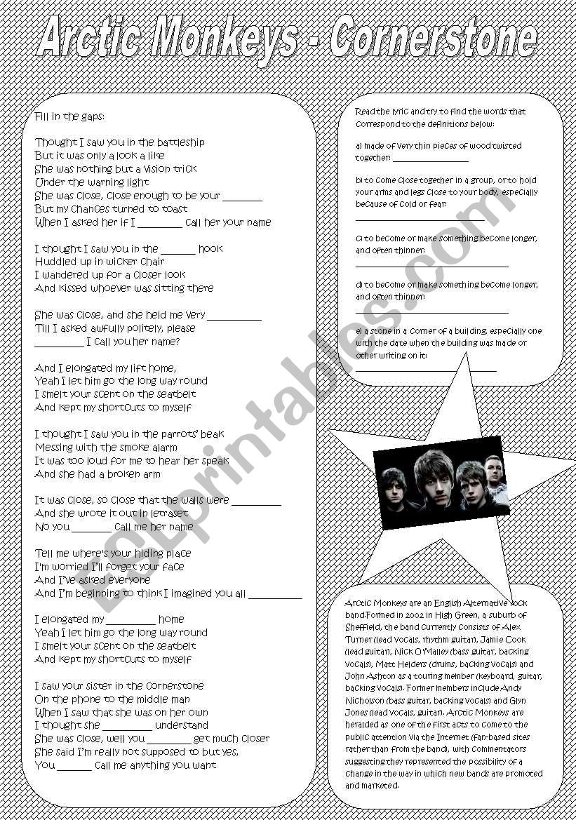 Arctic Monkeys - Cornerstone worksheet