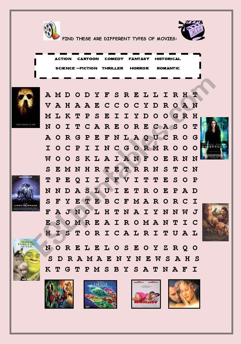 Word Search - kinds of movies worksheet