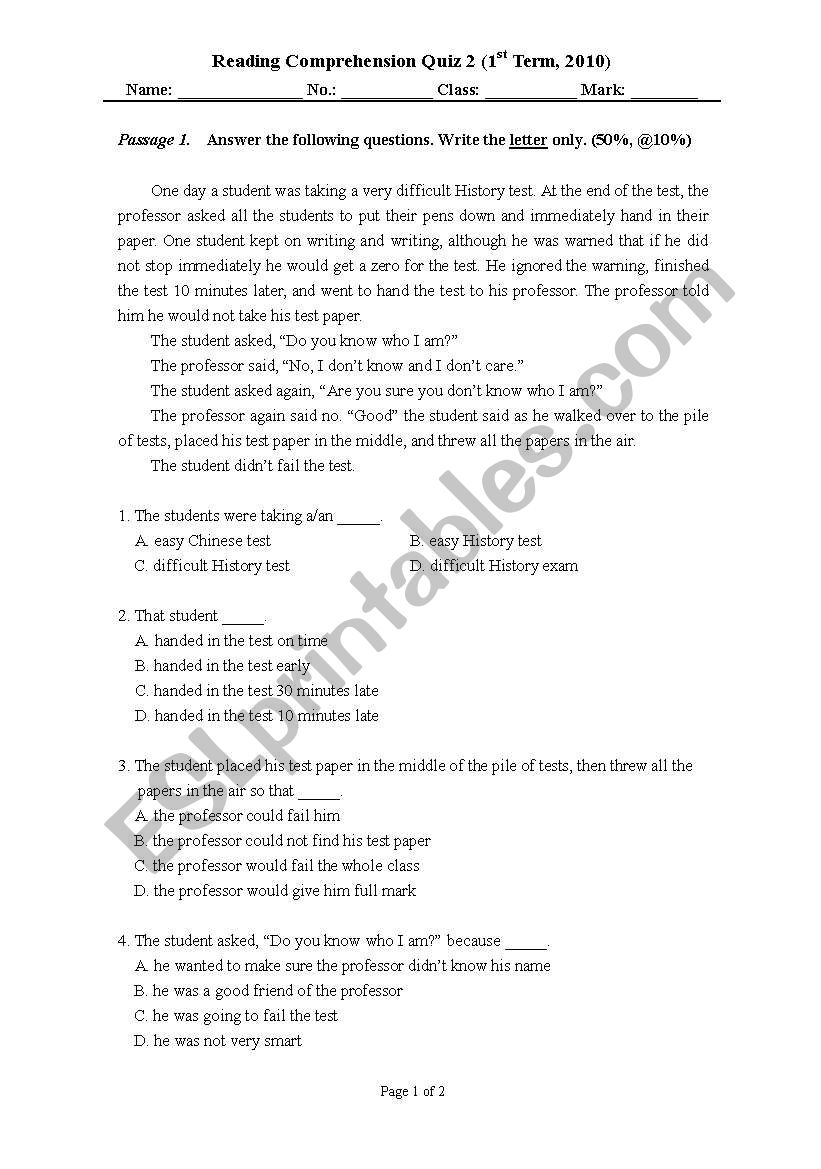 Reading Comprehension worksheet