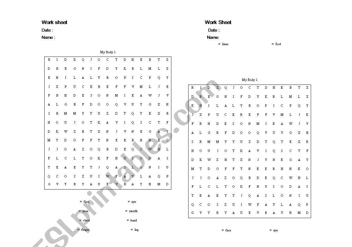 body part wordsearch worksheet