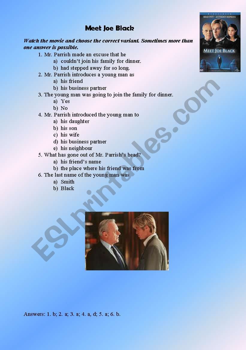 meet joe black (movie) worksheet