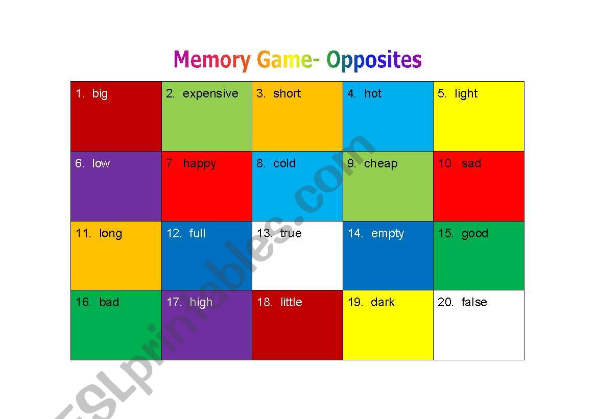 Memory Game - Opposites worksheet