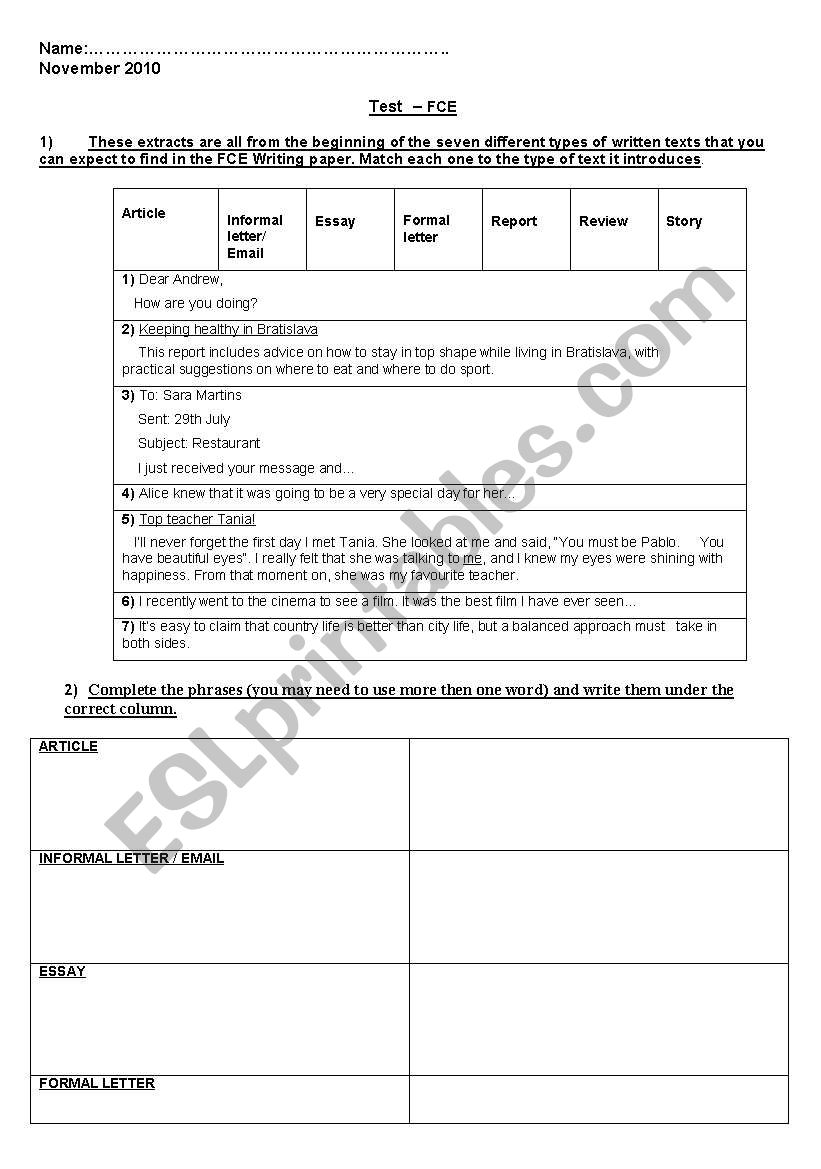 FCE test on writing worksheet