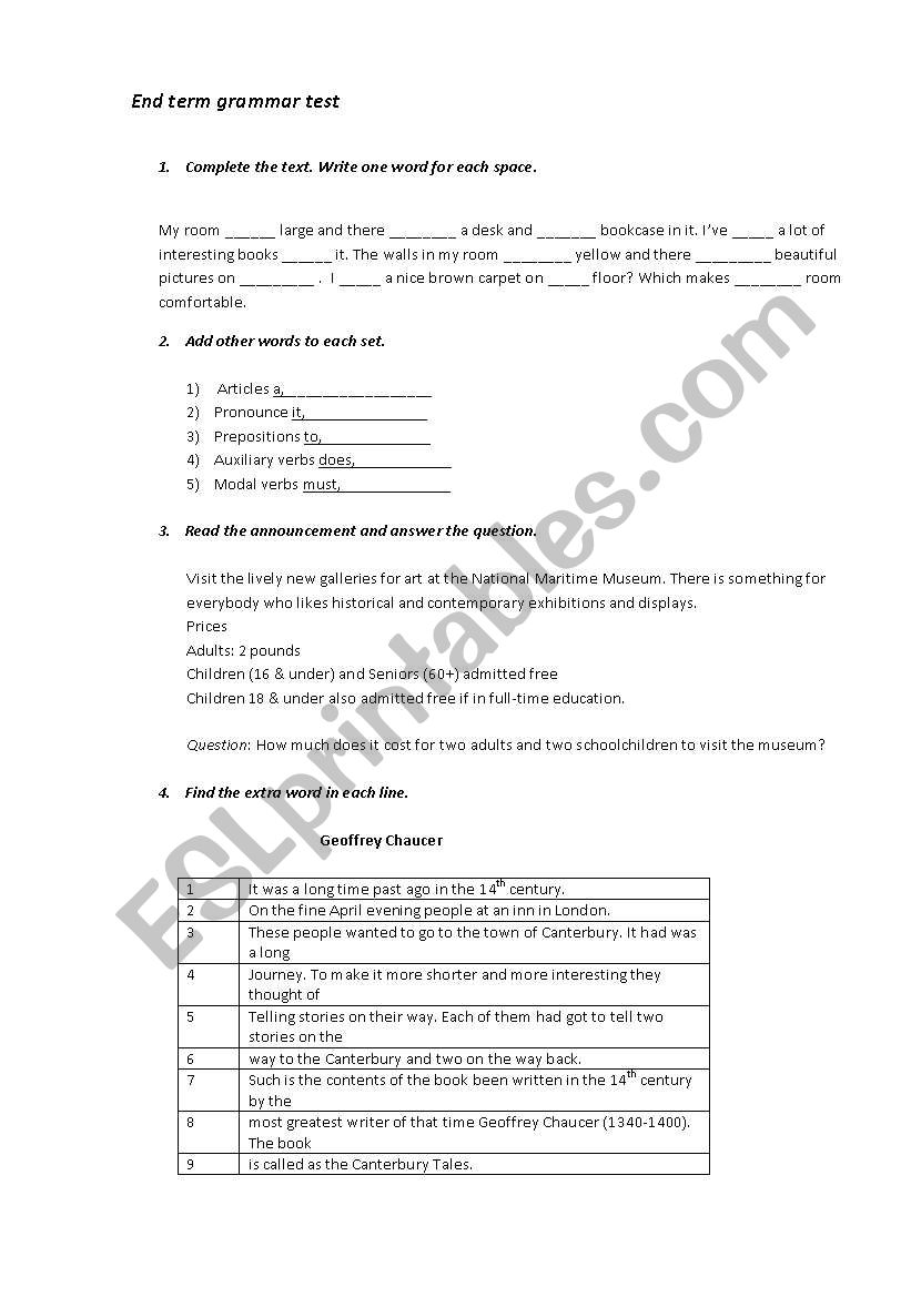 end of term grammar test worksheet