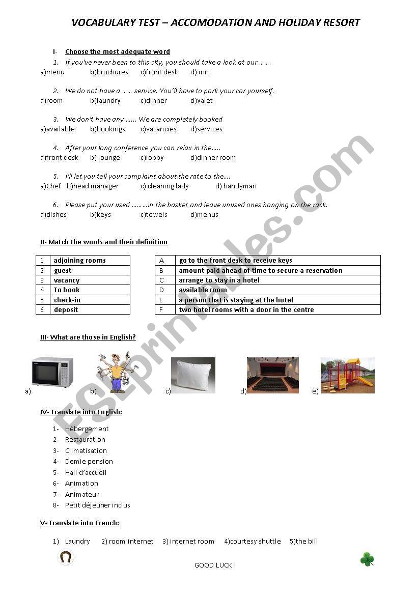 Holiday resort/ Accomodation vocab test