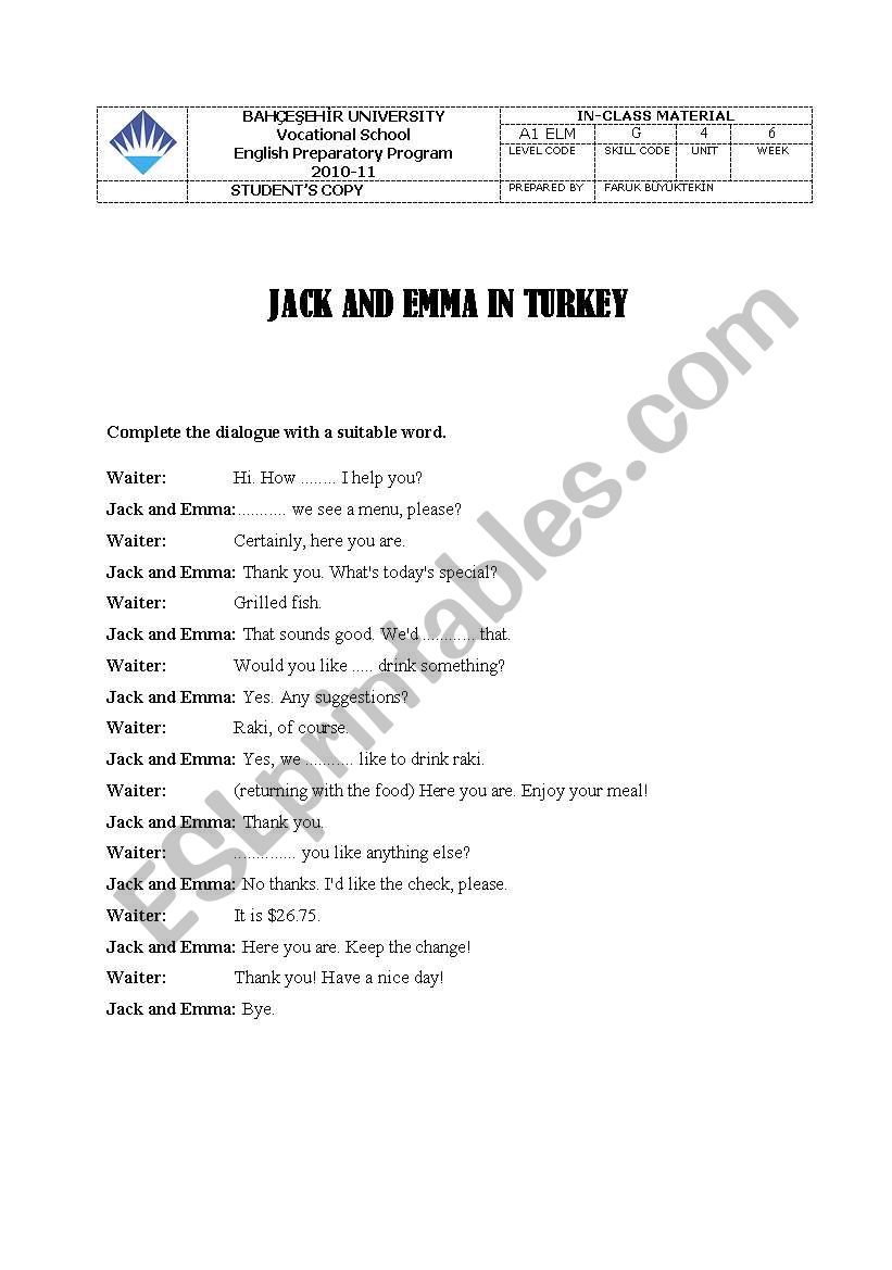 jack and emma in turkey worksheet