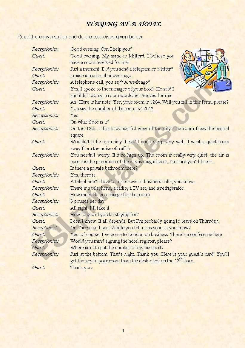 staying at a hotel worksheet