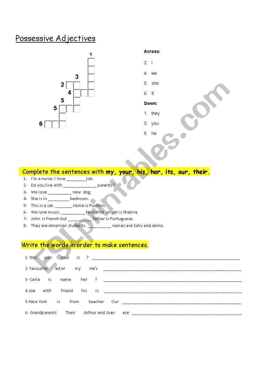 possessive adjectives worksheet