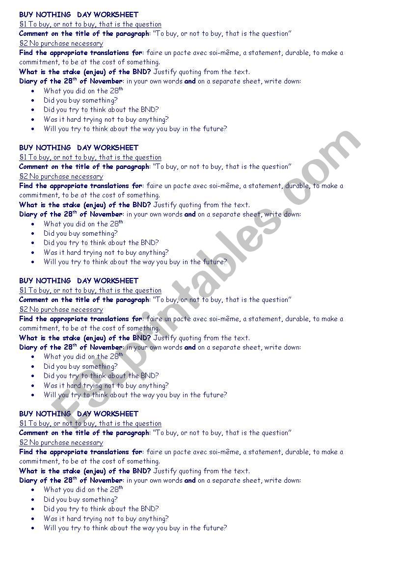 Buy Nothing day worksheet