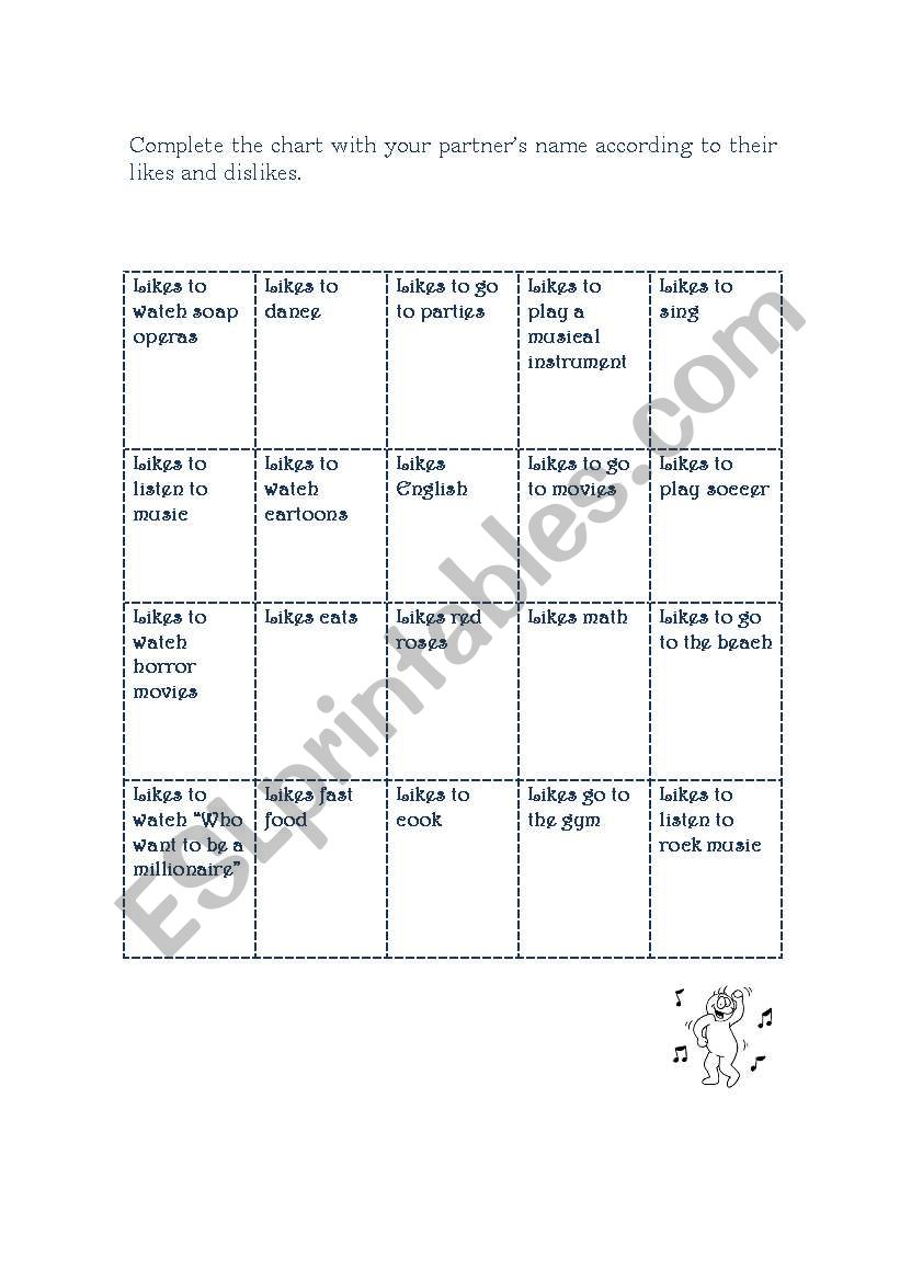 Likes and dislikes worksheet