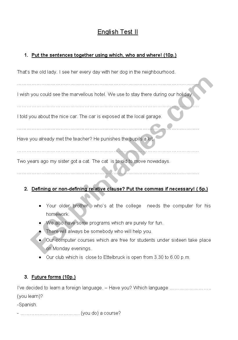 english test worksheet