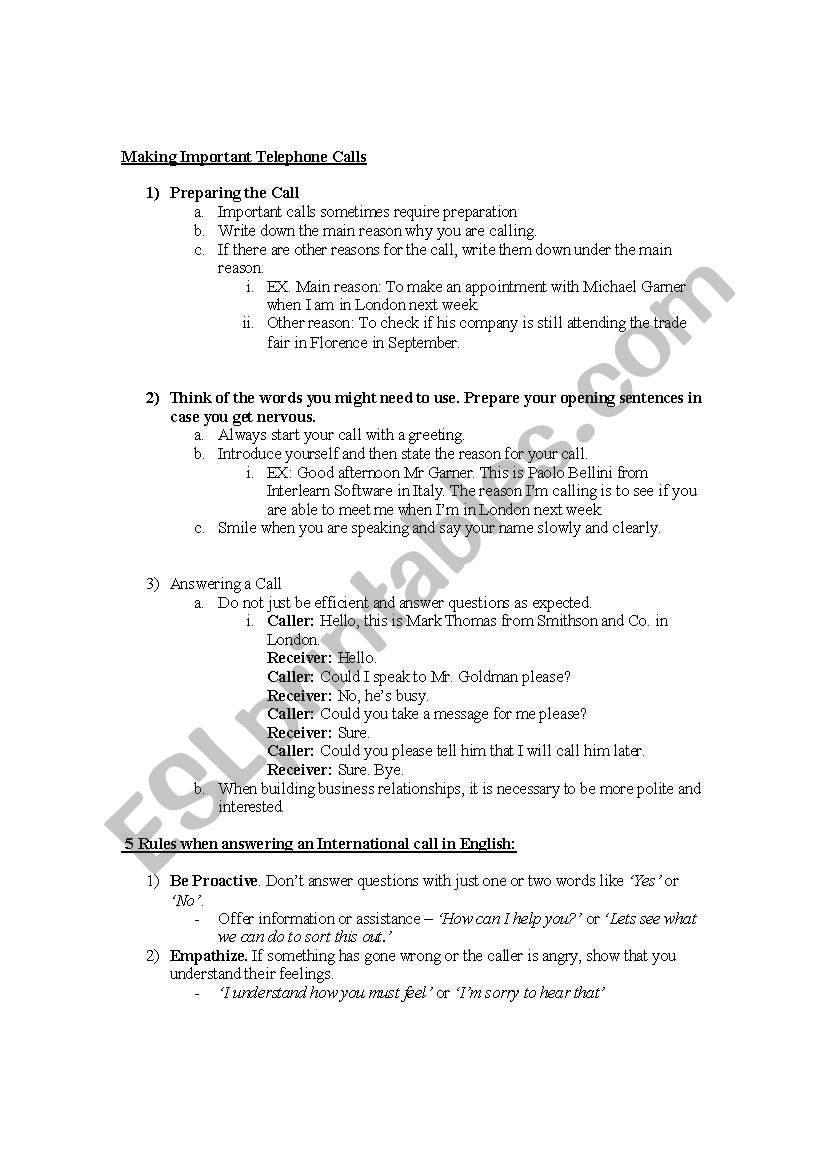 Making Telephone Calls worksheet