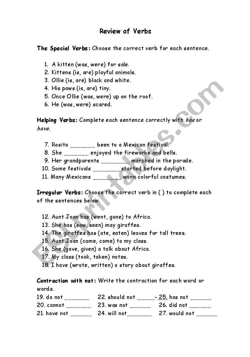 Review of Verbs worksheet