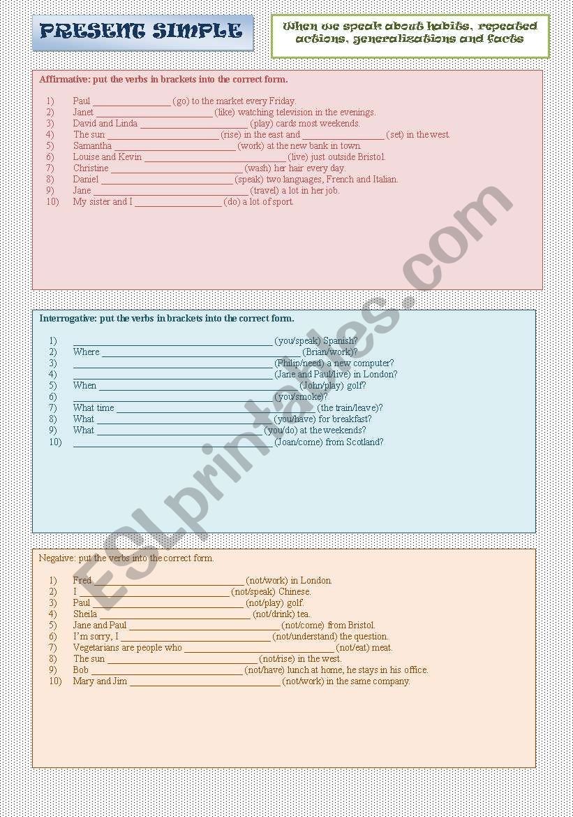 PRESENT SIMPLE affirmative interrogative negative