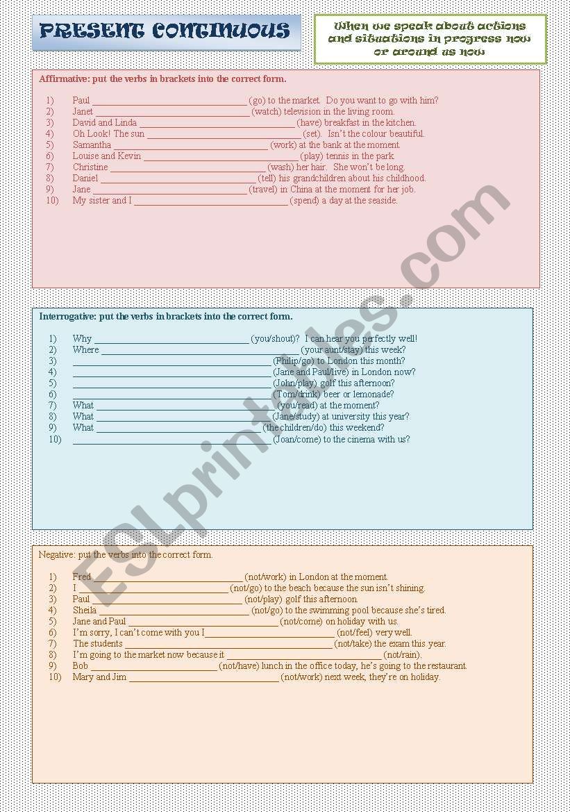 PRESENT CONTINUOUS affirmative interrogative negative