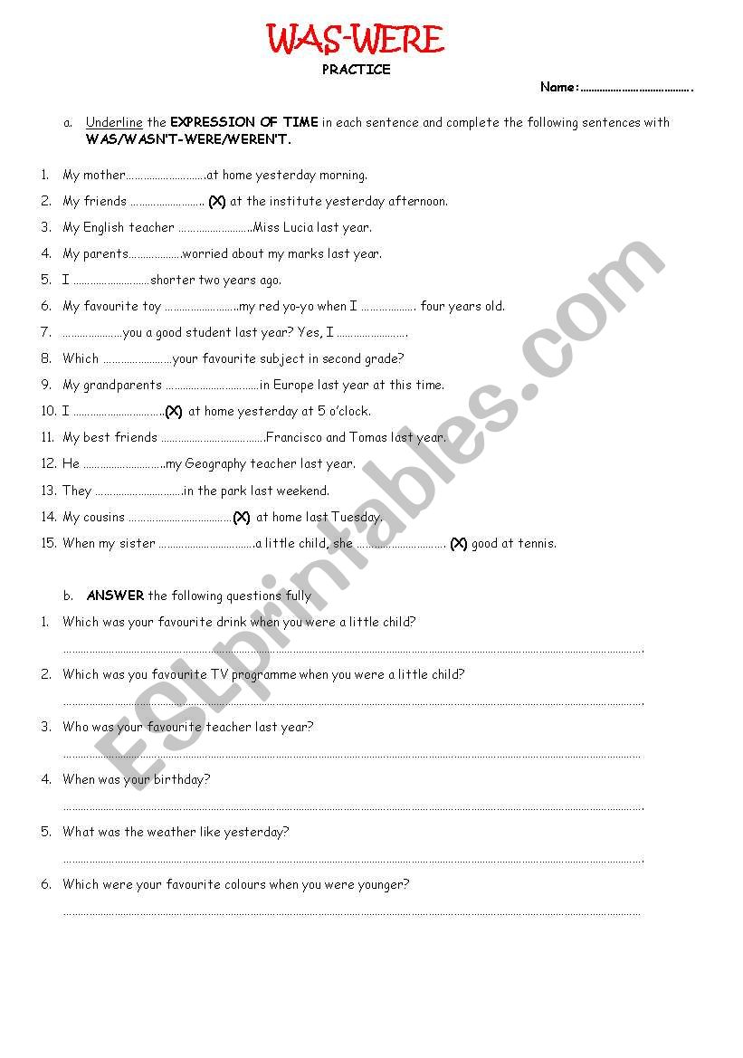 verb to be-simple past worksheet