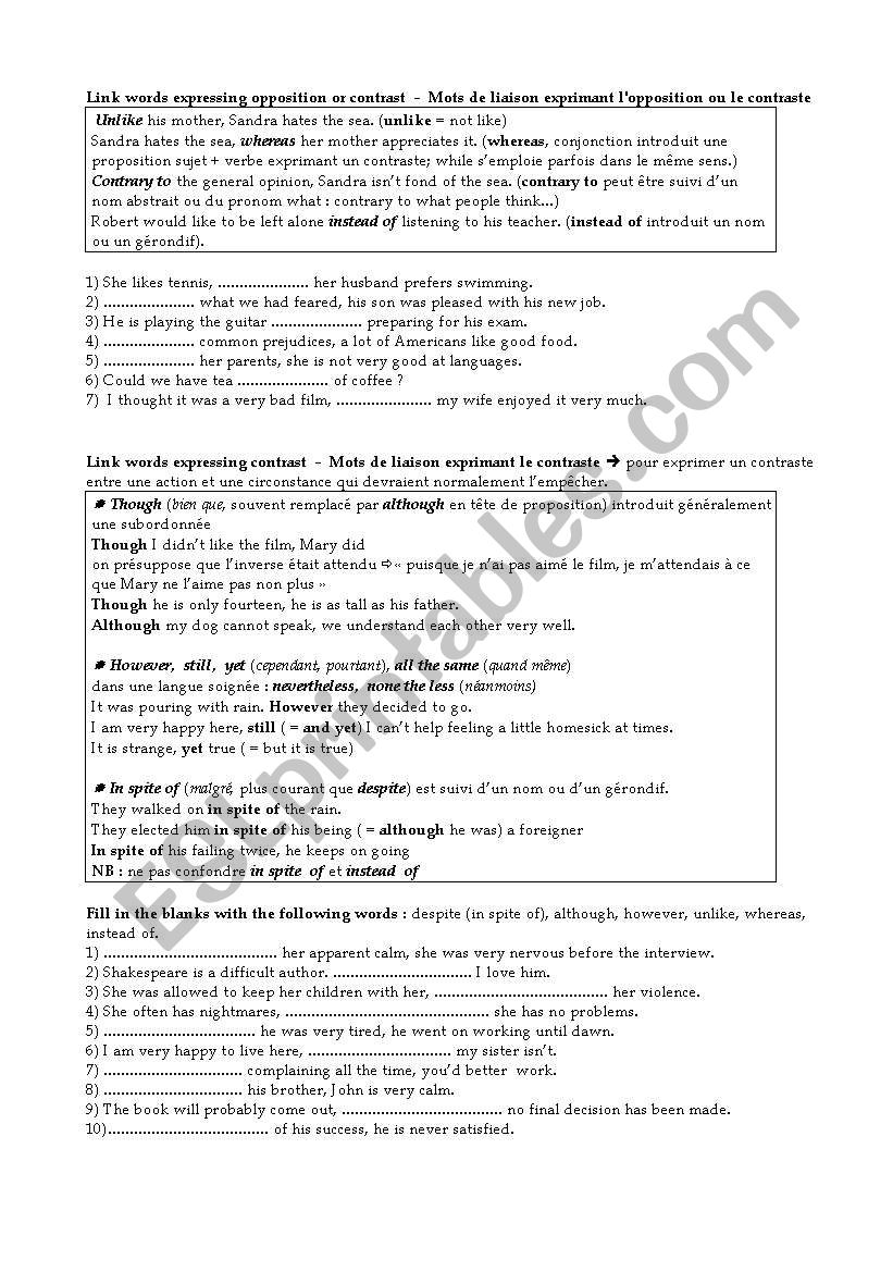 Link words expressing opposition and contrast