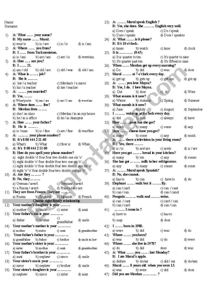 General elementary_pre intermediate level exam