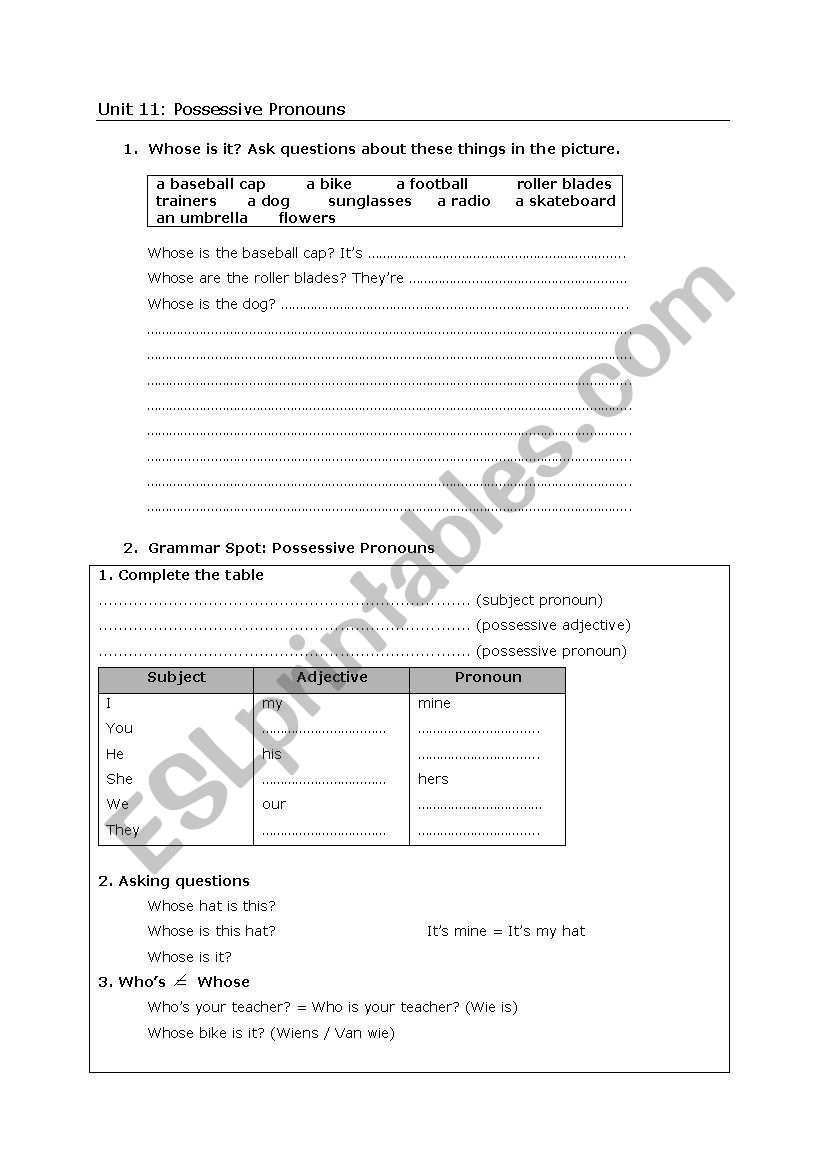 Possessive pronouns worksheet