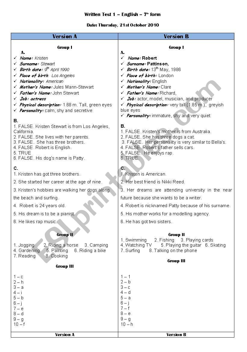 test - 7th grade key worksheet
