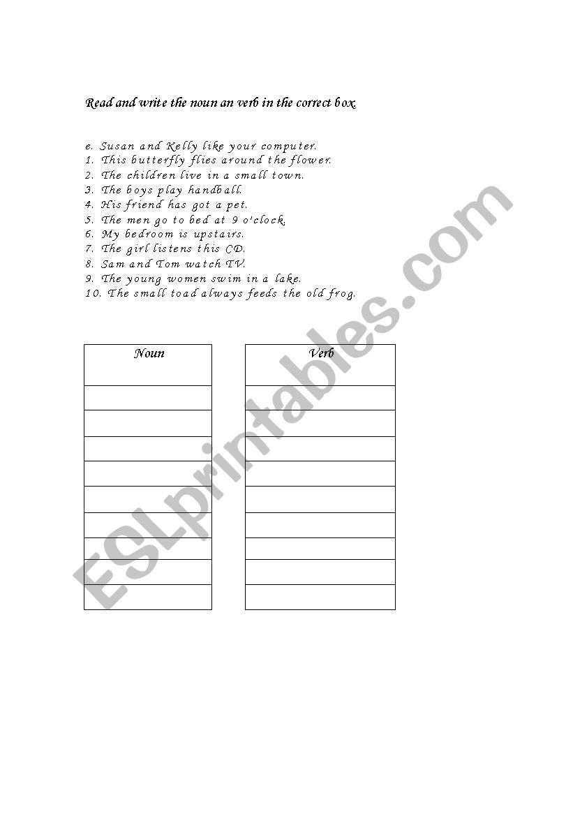 Nouns and verbs worksheet