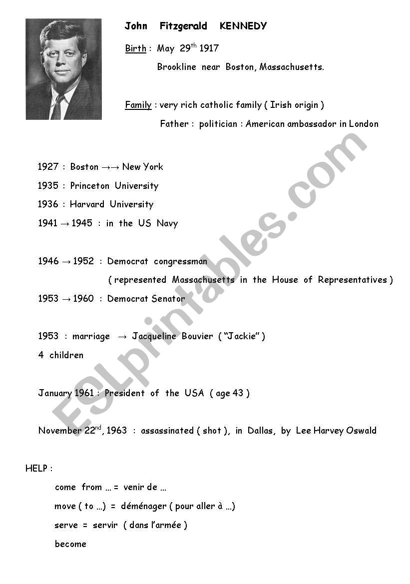 Biography JF Kennedy worksheet