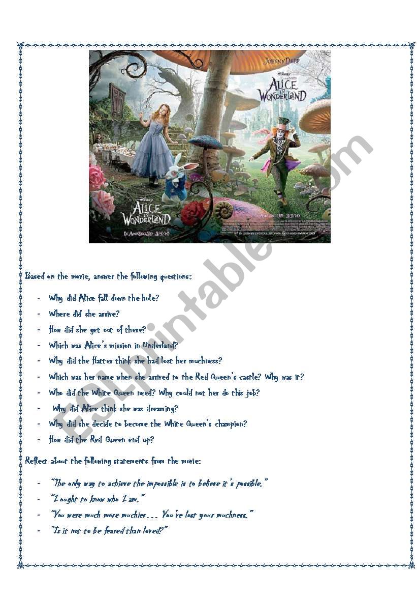 Alice in Wonderland worksheet