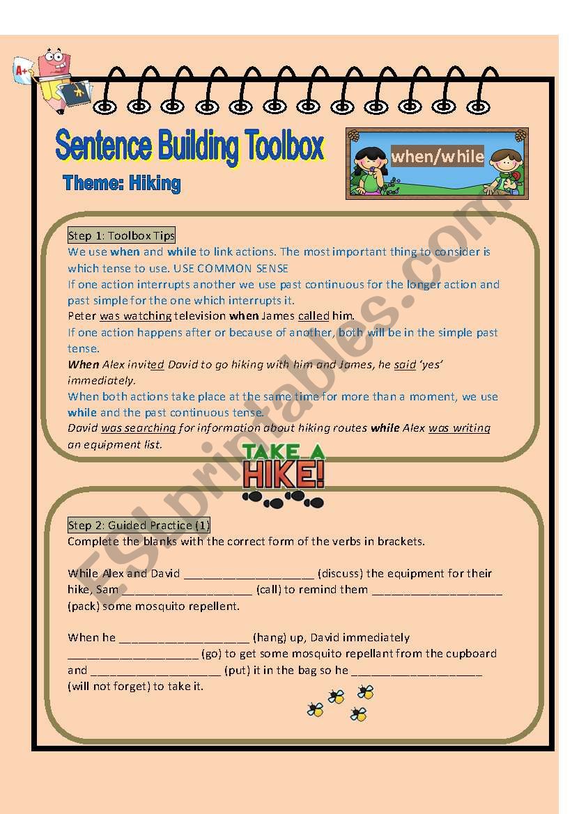 Superwriters Series 1 - Sentence building toolbox Worksheet 1 - when.while (hiking theme)