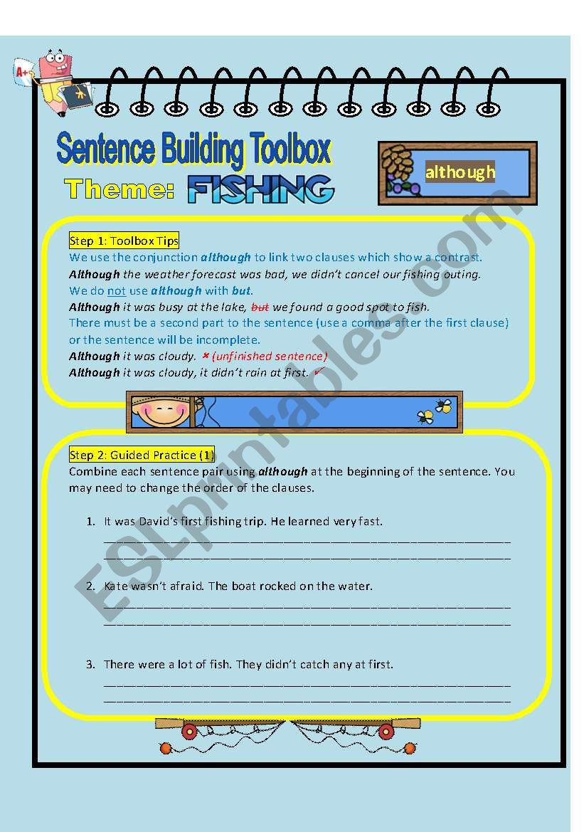 Superwriters Series 1 - Sentence building toolbox worksheet  2 - although (fishing theme)