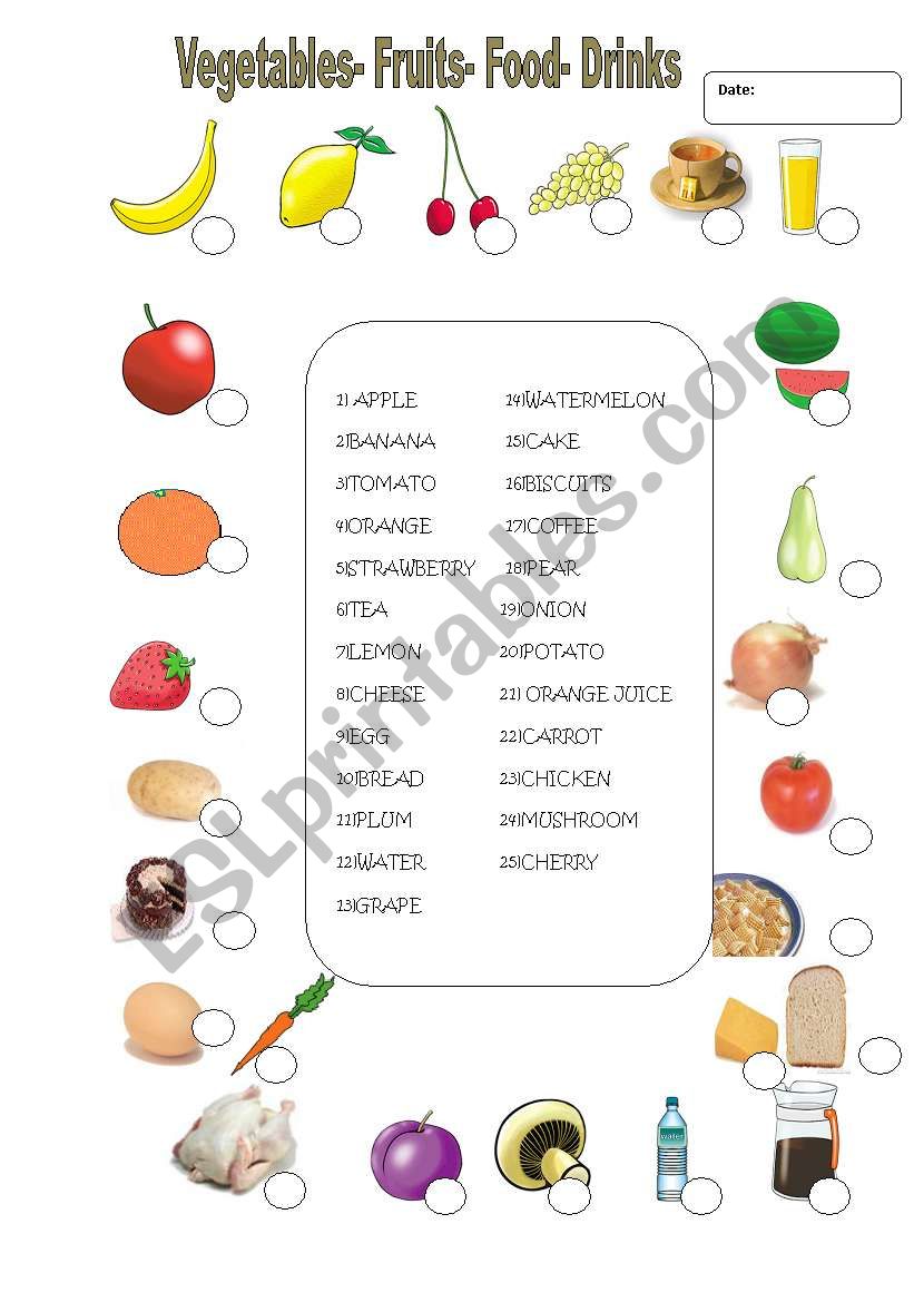vegetables,fruit,food,drinks worksheet