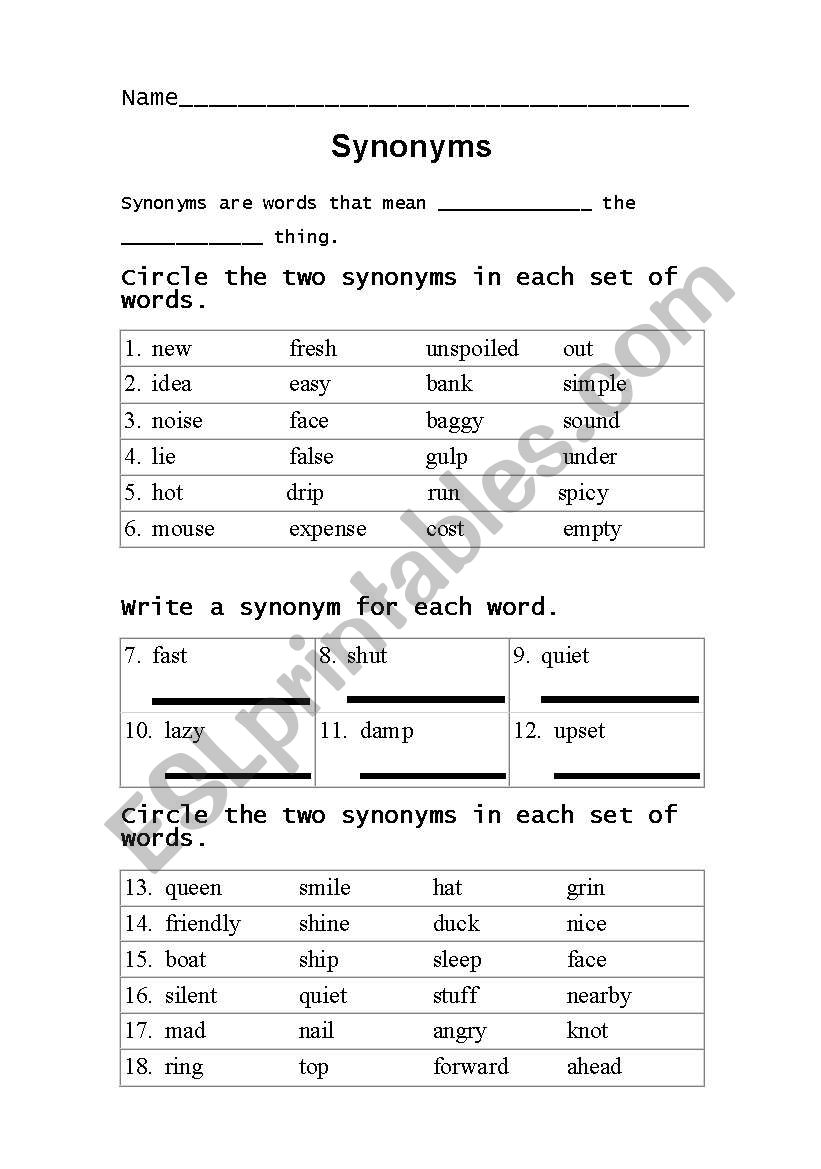 Synonyms Assessment worksheet