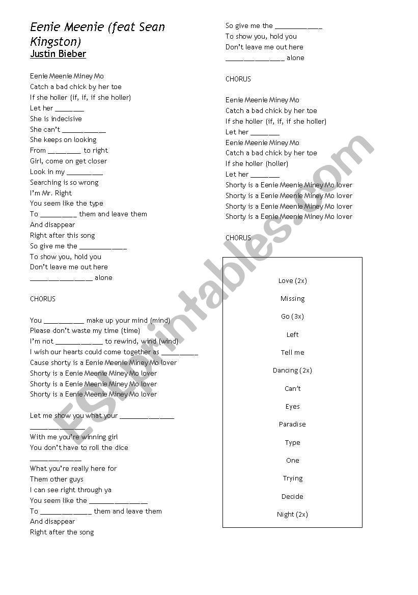 Justin Bieber - Eenie Meenie worksheet